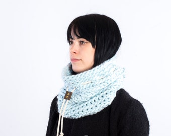The Chunky cowl with leather slider and cotton cord (in Light Blue)