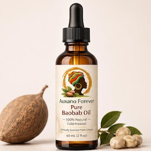 Puede incluir: Una botella de vidrio marrón de Auxano Forever Pure Baobab Oil con un cuentagotas negro. La etiqueta presenta a una mujer con un pañuelo colorido. La botella es de 60 ml. También se ven frutos y hojas de baobab.