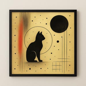 Abstract Black Cat Wall Art – 50x50cm Framed Print – Minimalist Abstract Decor – Modern Cat Lover Gift for Home or Office