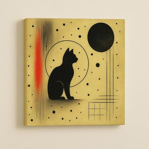 Abstract Black Cat Canvas Art – 50x50cm Minimalist Abstract Canvas – Modern Stretched Canvas Wall Decor – Cat Lover Gift for Home or Office
