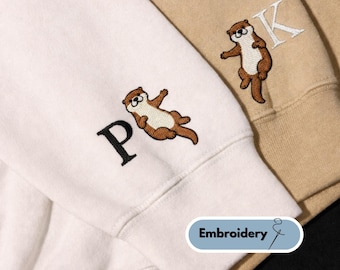 Custom Embroidered Otter Holding Hands Initial Sweatshirt, Personalized Sleeve Initials, Matching Couple Sweatshirts