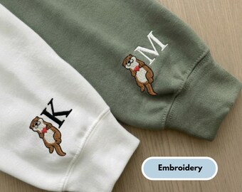 Custom Embroidered Otter Initial Sweatshirt, Personalized Sleeve Initials, Matching Couple Sweatshirts, Anniversary Gift