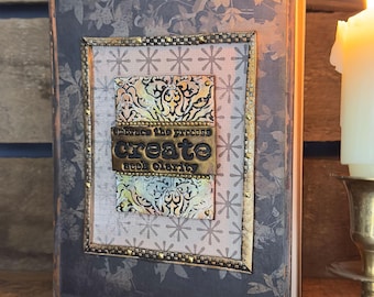 Floral 'Create' Art Journal - polymer clay embellished blank mixed media original art cover