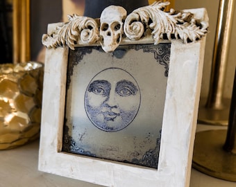 Vintage Moon Face Mini Mirror: Gothic Skull Frame, Handmade Celestial Decor