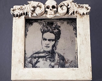 Frida Kahlo Antiqued Mini Mirror Wall Art: Handmade Skull Frame, Gothic Dark Academia Decor