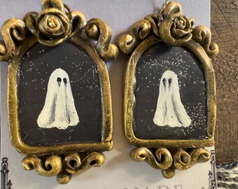 Hand-Painted Ghost Portrait Earrings: Gold Gilded Polymer Clay, Gothic Halloween Jewelry
