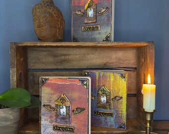 Dream Art Journal – Hand Embellished Mixed Media Journal with Polymer Clay Tiles, Patina Finish & Unlined Pages