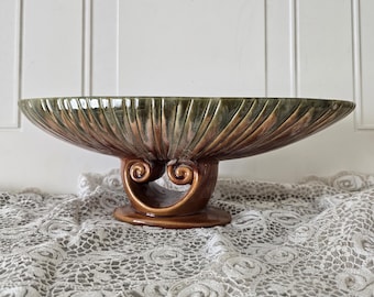 Vintage Royal Haeger Almond Pedestal Bowl | Caramel Mocha Drip Glaze | Mid-Century Ceramic Decor