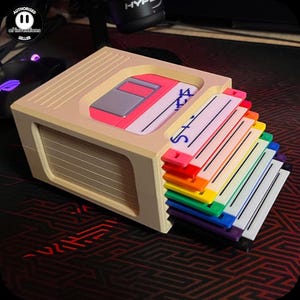 Könnte beinhalten: Ein beigefarbener Schreibtisch-Organizer im Retro-Stil in Form einer Diskette, mit einer rosa-grauen Diskette oben. Er verfügt über eine Reihe farbiger Trennwände mit handschriftlichem Text und dem Text "S+".