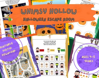 May include: A colorful Halloween-themed printable digital download titled "Whimsy Hollow Halloween Escape Room." The image features various game pages with pumpkins, monsters, and mazes. Text includes "Ages 4-5 Years."