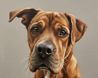 Puede incluir: Pintura detallada de un perro marrón con collar marrón y marcas blancas en el pecho. El perro tiene una expresión concentrada con ojos marrones y nariz negra. El fondo es gris liso.