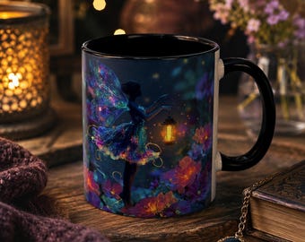 May include: A ceramic mug with a black handle and interior, featuring a vibrant graphic of a fairy with iridescent wings holding a glowing lantern amidst a dark, colorful floral garden with purple, pink, and blue blossoms under a starry sky.