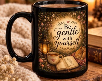 May include: A black ceramic mug featuring a printed illustration of a forest scene with a lantern, a small cup, an open book, and a sleeping rabbit. The text reads, Be gentle with yourself, and the book contains the text, You are enough. You are doing your best. That is enough.