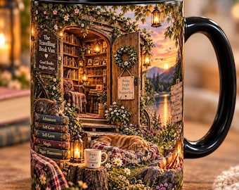 May include: A black ceramic mug featuring a detailed illustration of a cozy book van interior with shelves, a cat, a dog, and a campfire. Text includes The Travelling Book Van, Good Books Brighter Days, Books People Places Happier You, and Books & Good Company.