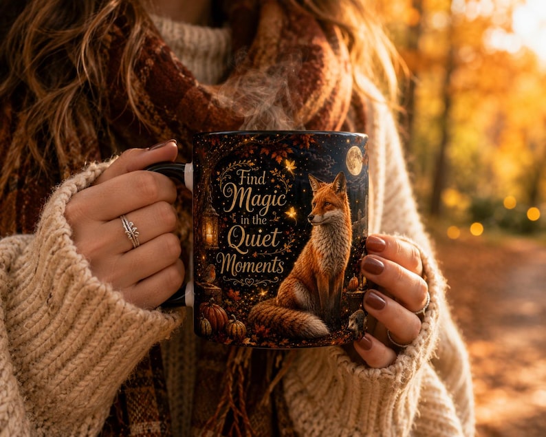 Find Magic in the Quiet Moments Mug 11oz, Woodland Fox Mug, Autumn Cottagecore Mug, Fox Lover Gift, Cozy Fall Mug image 3
