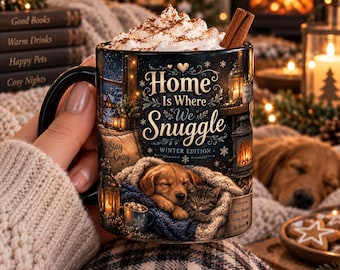 May include: A black ceramic mug filled with hot cocoa topped with whipped cream and a cinnamon stick. The mug features a winter scene with a puppy and kitten snuggled together, text reading Home Is Where We Snuggle Winter Edition.