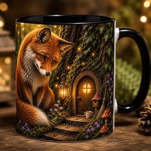 May include: A ceramic mug with a black handle and rim, featuring a printed illustration of a red fox sitting near a small arched wooden door built into a tree trunk, complete with a hanging lantern, stone steps, mushrooms, and ivy foliage.