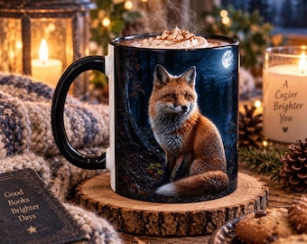 May include: A black ceramic mug featuring a detailed illustration of a red fox sitting in a dark forest at night under a full moon. The mug is filled with a hot beverage topped with whipped cream and a dusting of cinnamon powder.