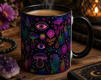 Psychedelic Mushroom Mug, Mystical Botanical Coffee Cup, Witchy Boho Gift