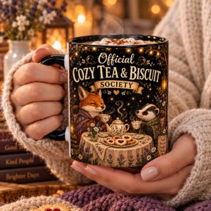 Peut inclure: Un mug en céramique avec une anse et un bord noirs, orné d'une illustration d'un renard et d'un blaireau prenant le thé. Le texte indique Official Cozy Tea & Biscuit Society. La scène montre une table avec une théière, des tasses et des biscuits.
