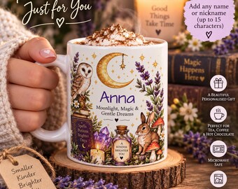 May include: A white ceramic mug featuring a colorful illustration of an owl, a rabbit, a crescent moon, crystals, and lavender. The text reads Anna, Moonlight, Magic & Gentle Dreams, Spells Potions Brighter Days, and A Kinder Brighter You.