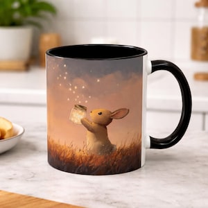 Whimsical Bunny Mug with Fireflies, Cozy Cottagecore Rabbit Coffee Cup, Cute Woodland Animal Gift, Aesthetic Kitchen Mug, Personalized Mug