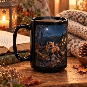 Peut inclure: Une tasse en céramique noire ornée d'une impression représentant un renard sur un sentier nocturne. L'image montre une forêt au clair de lune, un petit cottage aux fenêtres éclairées et un ciel étoilé. La tasse a une grande anse.