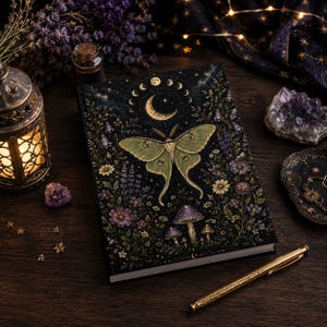 Luna Moth Journal, Celestial Moon Phase Notebook, Witchy Botanical Gift