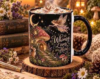 May include: A black ceramic mug filled with a hot beverage topped with whipped cream. The mug features a printed illustration of a fairy, a mushroom house, a rabbit, and the text Whimsy Lives Here, set against a night sky with a crescent moon.