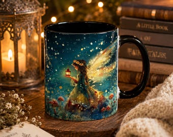 May include: A ceramic mug featuring a dark blue, starry night scene with a fairy holding a small glowing lantern. The fairy has translucent wings and a floral crown, surrounded by glowing particles and small red mushrooms in a forest setting.