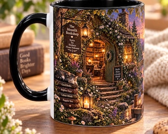 May include: A ceramic mug with a black handle and interior, featuring a detailed illustration of a cozy bookshop at twilight. The scene includes a cat resting on a stack of books, glowing lanterns, and text reading The Moonlit Bookshop.