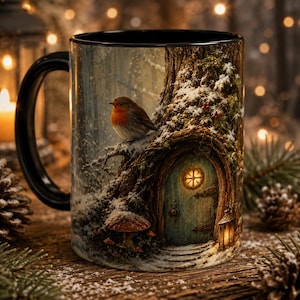 May include: A black ceramic mug featuring a winter scene with a robin perched on a snow-covered tree trunk. The tree contains a small, arched wooden door with a glowing circular window and a lantern, alongside a mushroom at the base.
