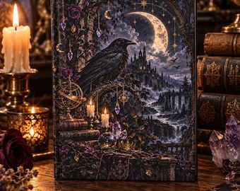 Dark Academia Journal, Gothic Raven Notebook, Witchy Celestial Journal, Moonlit Fantasy Castle, 150 Lined Pages, Gift for Her