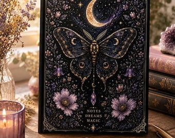 May include: A black hardcover journal featuring a gold crescent moon and a large moth with intricate wing patterns. The cover is decorated with purple flowers and foliage, and includes the text "NOTES DREAMS MAGIC" printed in gold at the bottom.