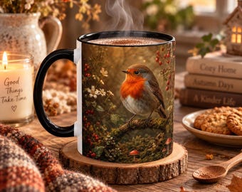 May include: A ceramic mug with a black handle and rim, featuring a detailed illustration of a robin perched on a mossy branch surrounded by white flowers and red berries. Steam rises from the top of the mug, which is filled with a warm beverage.