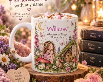 May include: A white ceramic mug featuring a colorful illustration of a fairy sitting on a mushroom, a rabbit, a small house, flowers, butterflies, and a crescent moon. The text reads Willow, Whispers of Magic Bloom Here, and Fairer Days Brighter You.