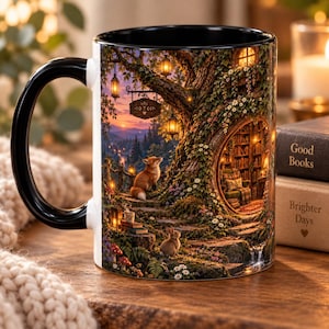 May include: A ceramic mug with a black handle and interior, featuring a detailed wrap-around illustration of a fox and a rabbit in a forest setting with a tree-hollow library, hanging lanterns, and a sunset landscape in the background.