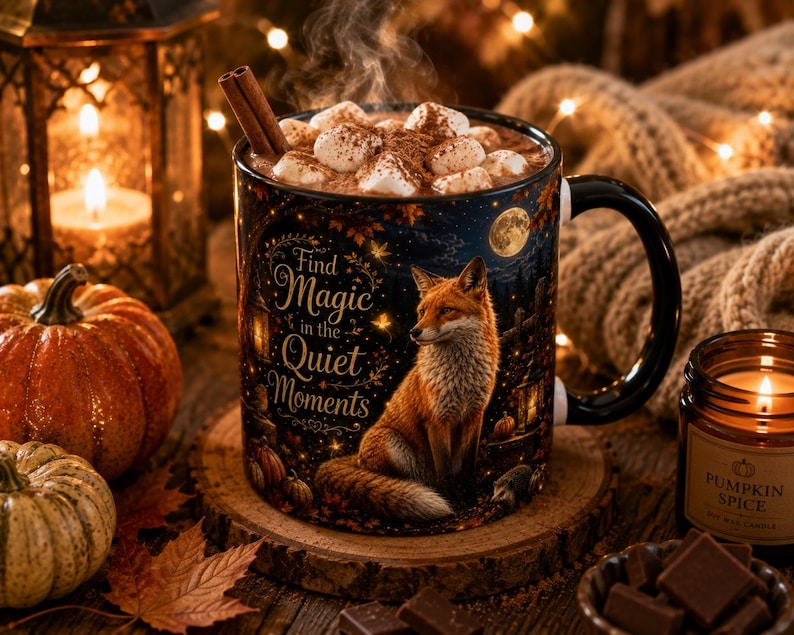 Find Magic in the Quiet Moments Mug 11oz, Woodland Fox Mug, Autumn Cottagecore Mug, Fox Lover Gift, Cozy Fall Mug image 1