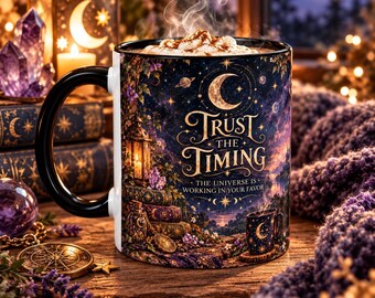 May include: A ceramic mug with a black handle and rim, featuring a celestial design with a crescent moon, stars, and a lantern. The text reads: TRUST THE TIMING. THE UNIVERSE IS WORKING IN YOUR FAVOR. The mug is filled with a steaming beverage.