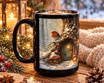 May include: A black ceramic mug featuring a printed winter scene of a robin perched on a tree trunk with a small arched door, a mushroom, and snow-covered surroundings. The mug contains a hot beverage with visible steam rising from the top.