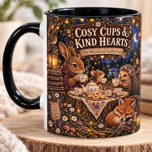 Peut inclure: Un mug en céramique blanche avec une anse et un intérieur noirs, illustré d'animaux des bois prenant le thé. Le texte indique : Cosy Cups & Kind Hearts, The Woodland Gathering, Slow Moments, Warm Drinks, Good Friends, Brighter Tomorrows, A Cozier World Together, et Sweet Moments.