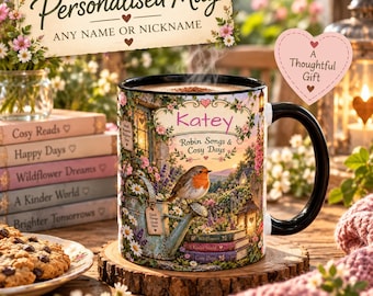 May include: A ceramic mug with a black handle and rim, featuring a colorful illustration of a robin perched on a watering can in a garden setting. The mug displays the name Katey and the text Robin Songs & Cosy Days, surrounded by flowers.