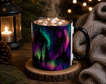 Aurora Borealis Mug, Northern Lights Coffee Mug, Forest Silhouette Mug, Night Sky Mug, Nature Lover Gift, Camping Coffee Cup, Woodland Mug