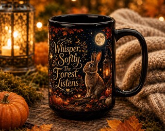 May include: A black ceramic mug featuring a detailed illustration of a brown rabbit in a forest setting with a full moon, lanterns, and pumpkins. The text "Whisper Softly, The Forest Listens" is printed in a decorative script font on the front.