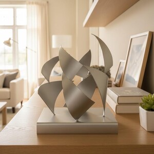 Pode incluir: Uma escultura metálica moderna e abstrata com acabamento prateado. A escultura apresenta formas curvas e sobrepostas montadas numa base retangular. É exibida numa superfície de madeira, um elemento decorativo.