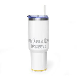 May include: A white stainless steel tumbler with a clear lid and a straw. The tumbler features the black outlined text "Run Run Ice Focus" printed on the side. The base of the tumbler has a thin yellow horizontal stripe near the bottom edge.