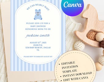 Teddy Bear Baby Shower Invitation Template, We Can Bearly Wait Baby Shower Editable Invitation, Digital Baby Boy Invitation