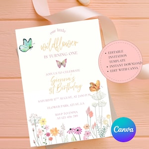 Wildflower First Birthday Invitation Template, Digital Editable Flower Baby Girls First Birthday Invitation, Wild Flower Spring Butterfly
