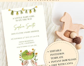 Green Flower Vibes Baby Shower Invitation Template, Editable Flower Baby Shower Invitation, Printable Invitation Template