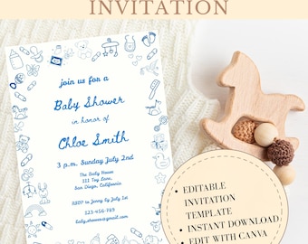Hand- Drawn Design Editable Baby Shower Invitation, Personalized Minimalist Baby Shower Invitation, Digital Baby Shower Invite Template